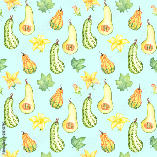watercolor seamless pattern on autumn theme with pumpkins photo
