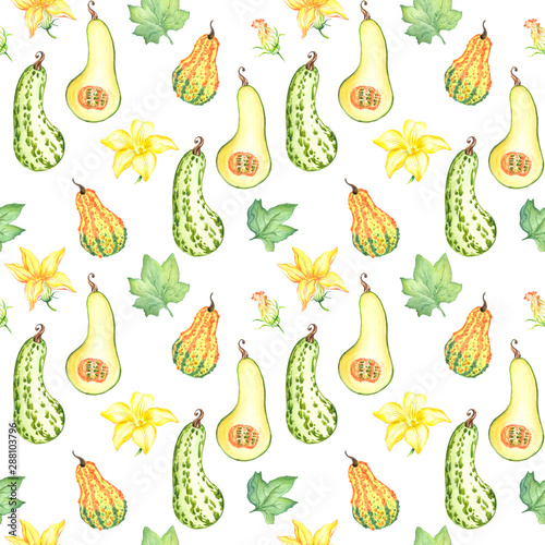 watercolor seamless pattern on autumn theme with pumpkins photo
