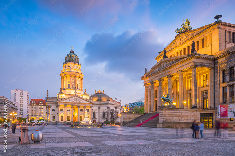 Panoramic view of famous Gendarmenmarkt square  at sunset in Berlin