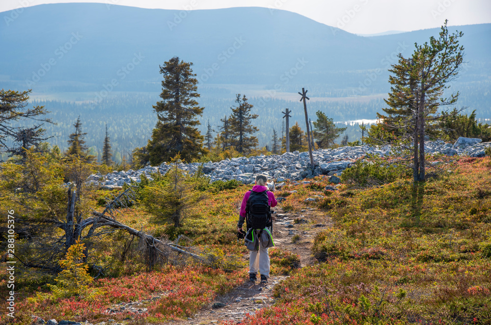 Woman hiking on mountain