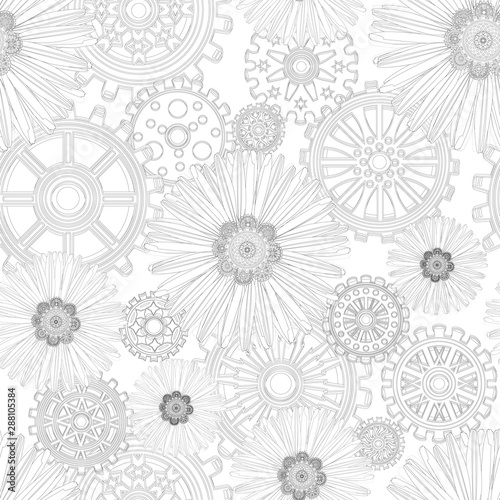 Seamless pattern with chamomile flower and gears in the style of steampunk. Black and white pattern for coloring book for kids and adults. Vector illustration.