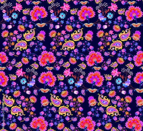 Bright seamless pattern with cacti and bell flowers, bouquets of abstract flowers in ethnic style and paisley on dark blue background. Mexican, indian motifs. Print for fabric.