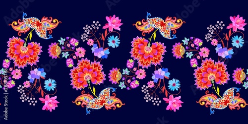 Seamless horizontal border with paisley and bright fantasy flowers on dark blue background. Vintage style. Indian, mexican motifs.
