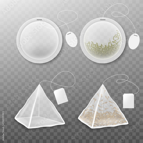 Tea bags isolated on transparent background. Realistic vector tea bag with label.