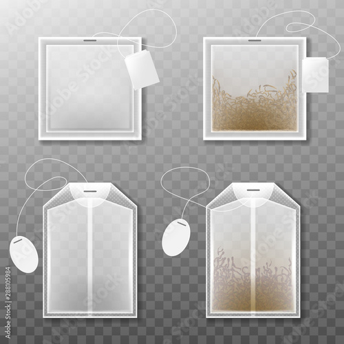 Tea bags isolated on transparent background. Realistic vector tea bag with label.