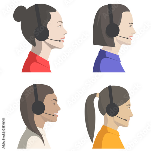 Set of vector illustrations with side view of a face of a beautiful woman talking on the phone in the office