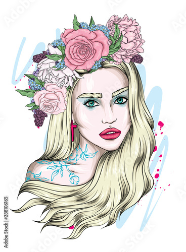 Beautiful girl with long hair in a wreath of roses and peonies. Flowers Big eyes and full lips. Vector illustration for greeting card or poster, print on clothes. Fashion and style, accessories.