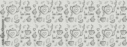 black and white seamless pattern with tea
