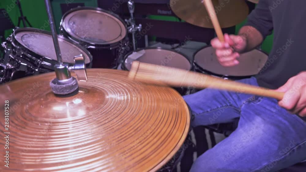 Practicing Drums in sound proof studio, Hi-Hat Close Up Practicing Drums in sound proof studio, Hi-Hat Close Up