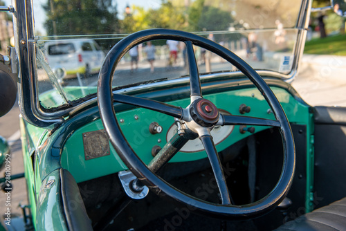 vintage car detail, antique car steering wheel