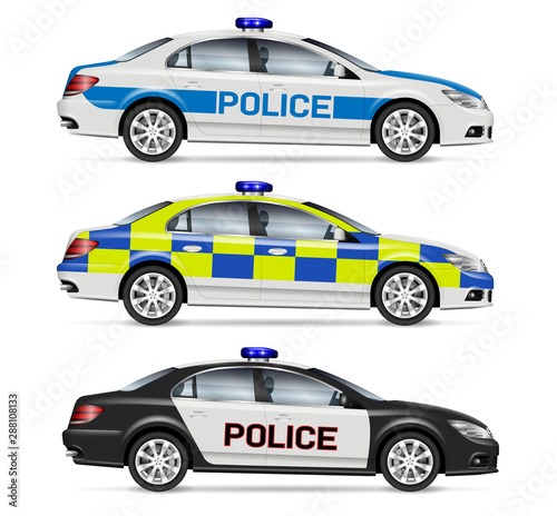 Police cars side view vector illustration isolated on white background. All elements in the groups on separate layers for easy editing and recolor