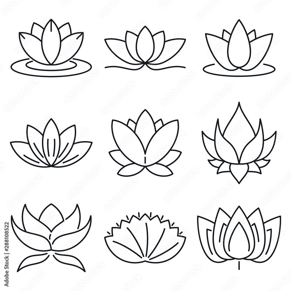 Naklejka Lotus icons set. Outline set of lotus vector icons for web design isolated on white background