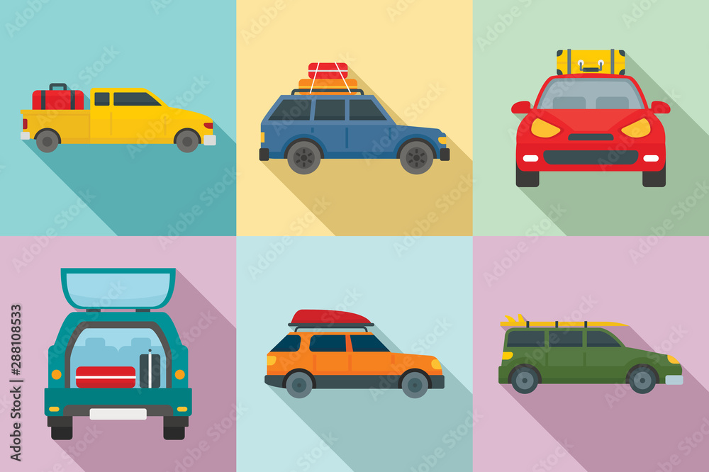 Travel on car icons set. Flat set of travel on car vector icons for web design