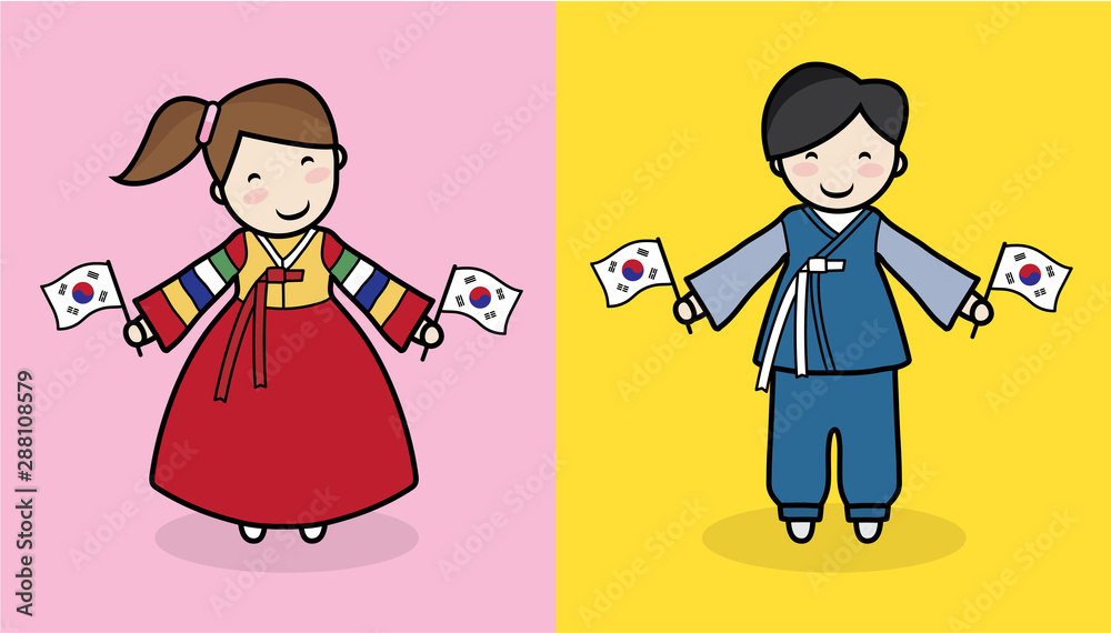 vector cute character man and woman of Korean, costume of national Korea vector cute character man and woman of Korean, costume of national Korea