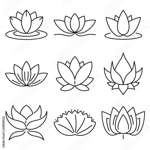 Lotus icons set. Outline set of lotus vector icons for web design isolated on white background