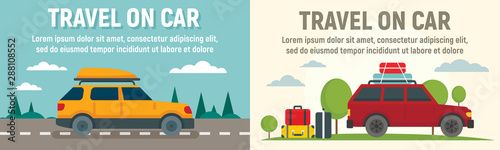 Family travel on car banner set. Flat illustration of family travel on car vector banner set for web design