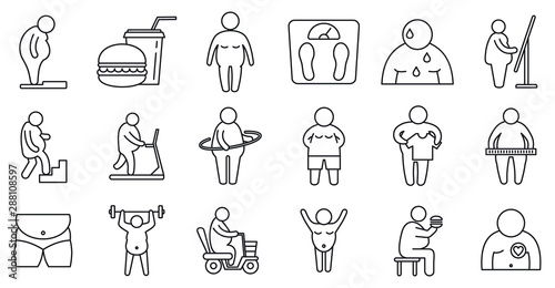 Overweight people icons set. Outline set of overweight people vector icons for web design isolated on white background