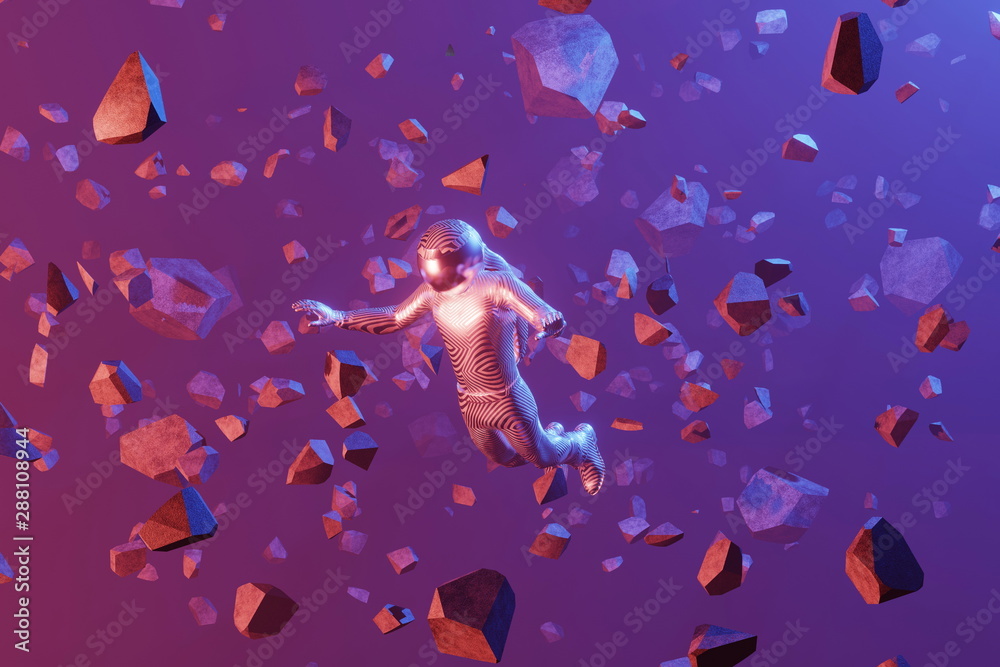The astronaut flies surrounded by fragments of stones, asteroids. 3D rendering