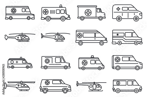 Rescue ambulance icons set. Outline set of rescue ambulance vector icons for web design isolated on white background