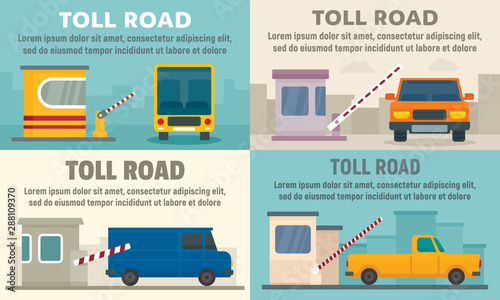 Toll road station banner set. Flat illustration of toll road station vector banner set for web design