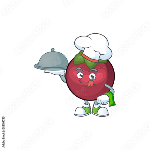 Chef with food mangosteen fruit cartoon character isolated on mascot