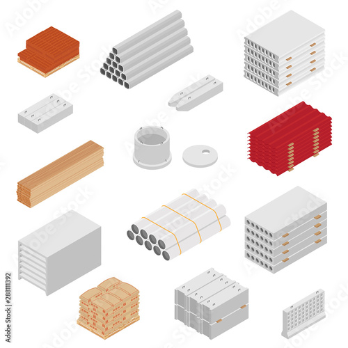 Building and construction materials vector icon set isometric view isolated on white background.