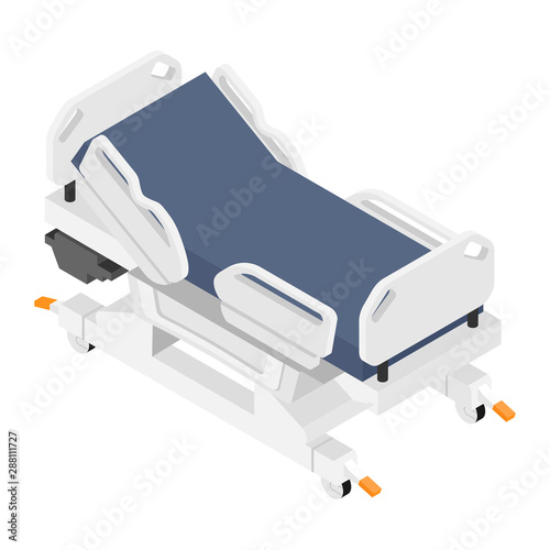 Mobile hospital medical bed isometric view isolated on white background.