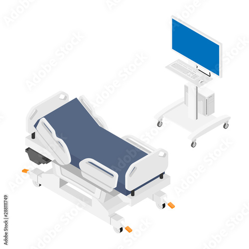 Mobile hospital bed and medical equipment isometric view isolated on white background.