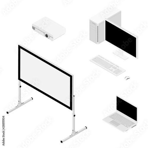 Laptop computer, projector and screen isometric view. Realistic video projector, white empty screen, personal and laptop computer