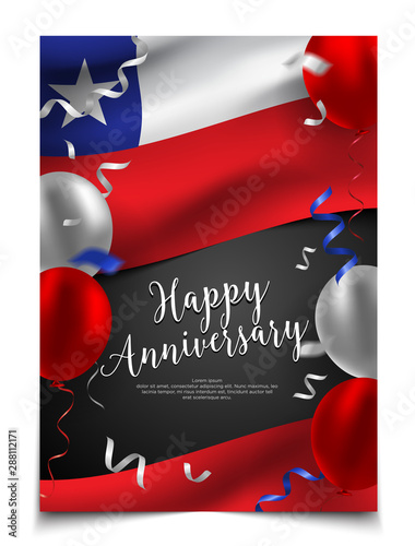 Happy anniversary cover layout with flag of Chile, balloon and confetti background. party, holiday, national scale celebration, Flyer, card, banner, brochure template