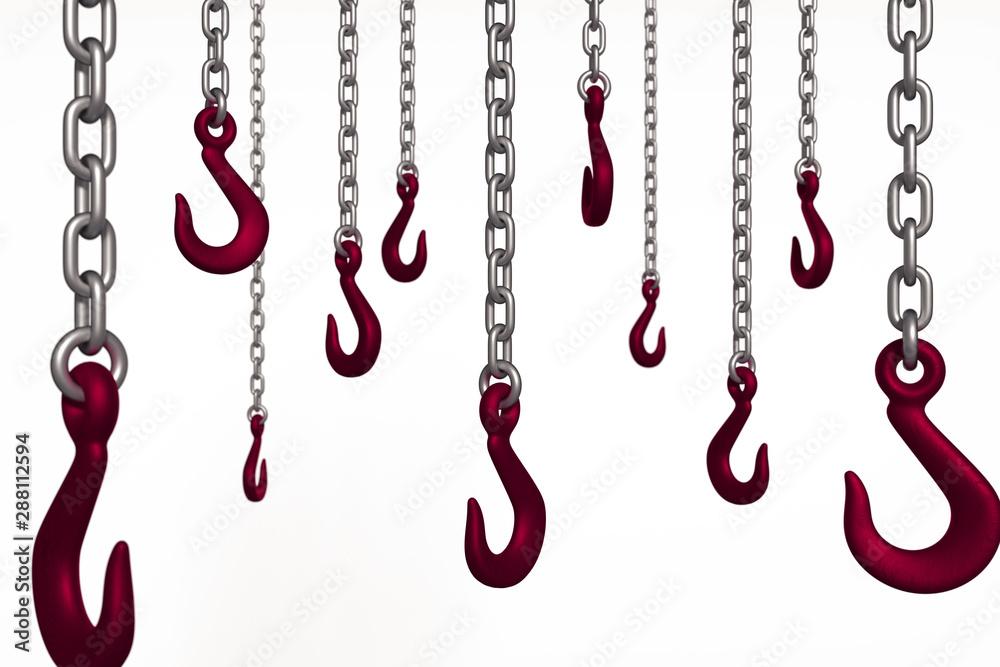 3D hanging chain with chain hooks. White background 3D hanging chain with chain hooks. White background