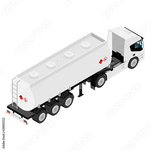 Gasoline tanker or Oil trailer truck isometric view isolated on white background.