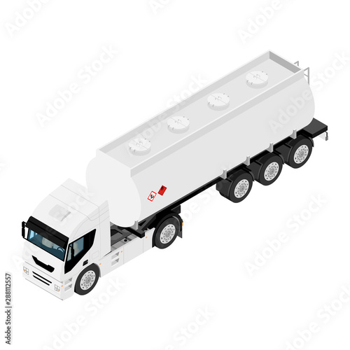 Gasoline tanker or Oil trailer truck isometric view isolated on white background.