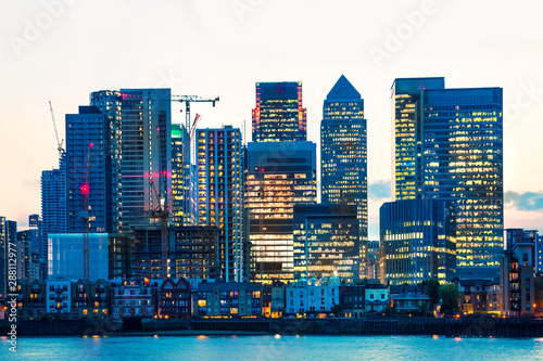 Canary Wharf business and banking area at sunset. London, UK