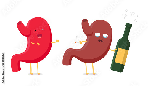 Healthy fun and sick unhealthy ill drunk stomach character hold in hand alcohol bottle and cigarette. Human digestive system cartoon organ indigestion concept. Vector illustration