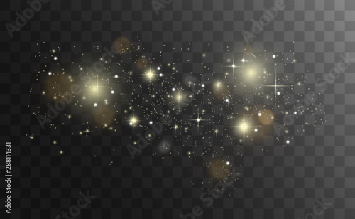 Gold sparks glitter special light effect. Vector sparkles on transparent background. Christmas abstract pattern. Sparkling magic dust particles