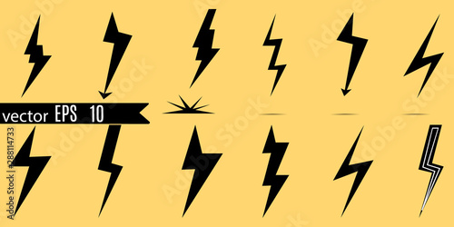 Icon set of lightning, lightning strike or thunderstorm. Icons for voltage, electricity and power signs.