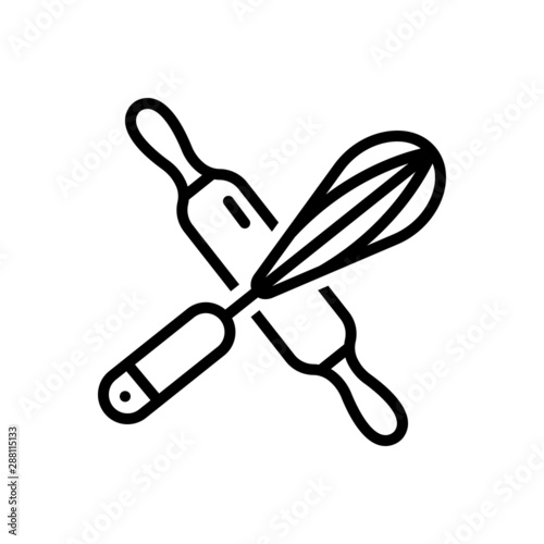 Black line icon for crossed rolling pin and whisk 