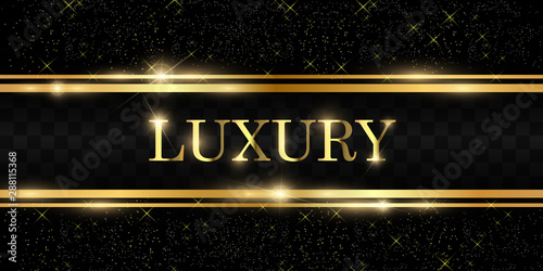 Gold glitter with shiny gold frame on a transparent black background. Vector luxury golden background.