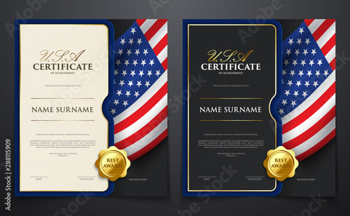 Set of patriotic achievement certificate with USA flag, luxury elegant gold style cover