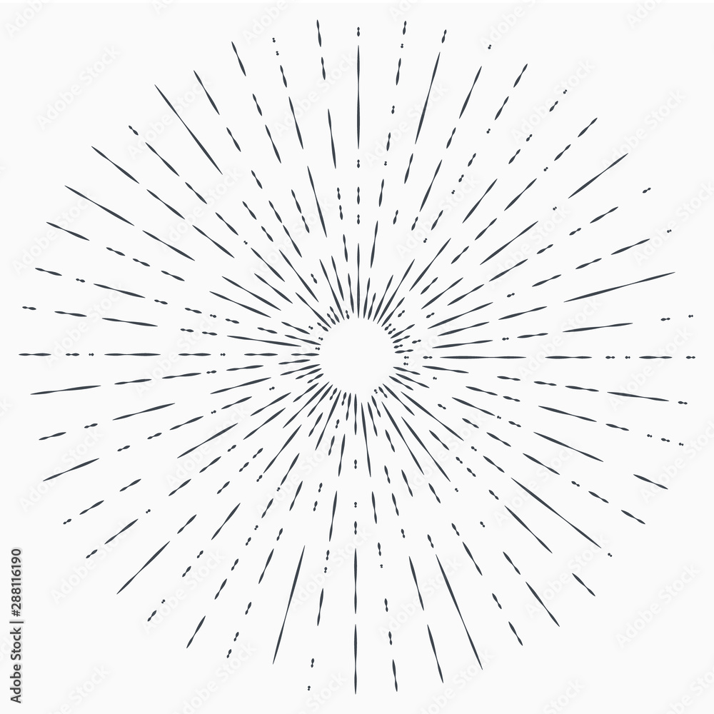 Sun burst, star burst sunshine. Radiating from the center of thin beams, lines.