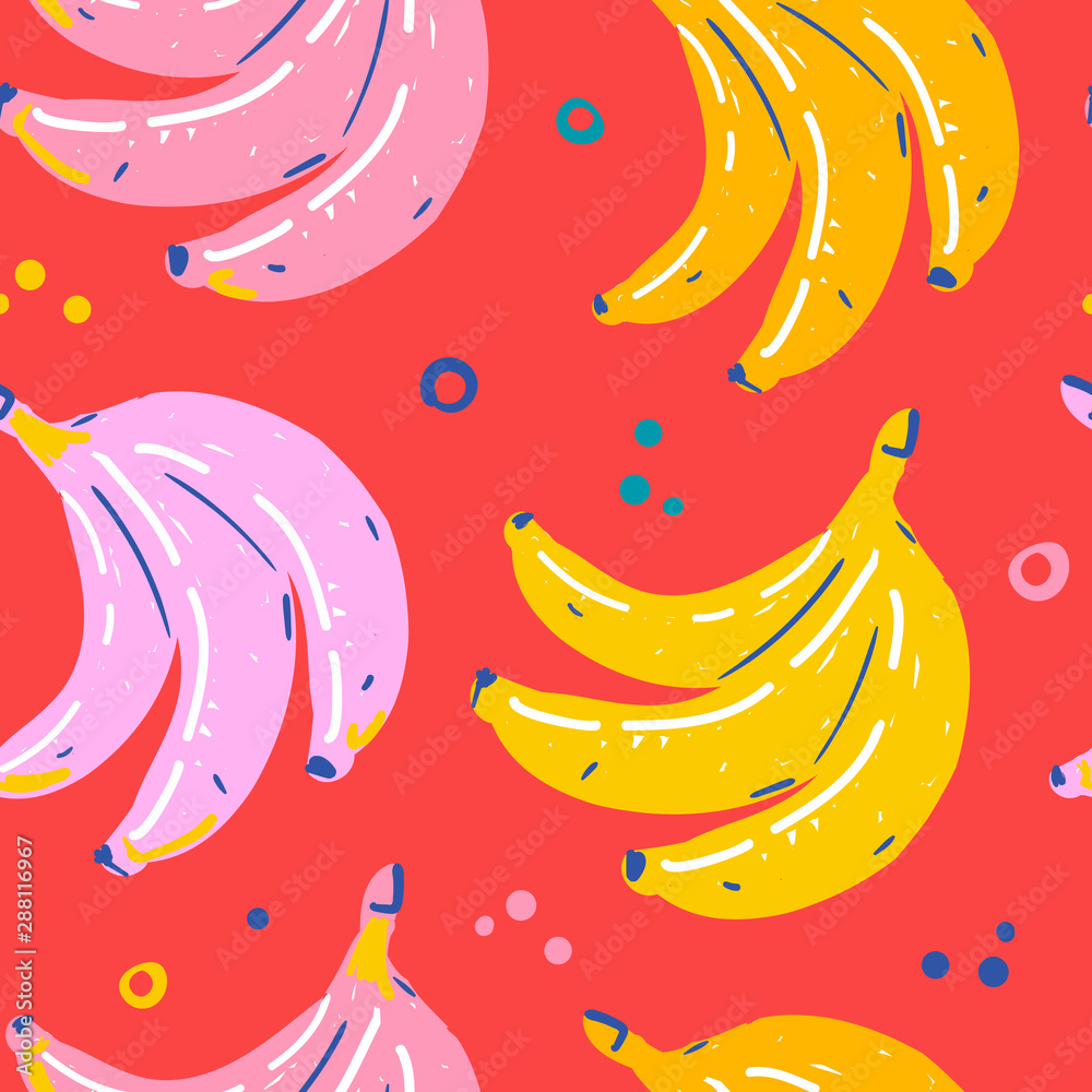 hand drawn vector seamless pattern with sketch modern handdrawn style banana in bright neon colors. Endless background with fruit ingredient. Good for wallpaper, textile fabric or wrapping paper.