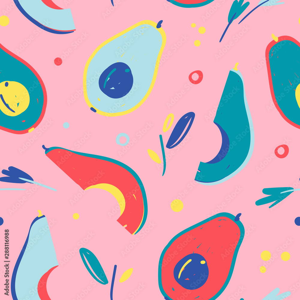 hand drawn vector seamless pattern with sketch modern handdrawn style avocado in bright neon colors. Endless background with fruit ingredient. Good for wallpaper, textile fabric or wrapping paper.