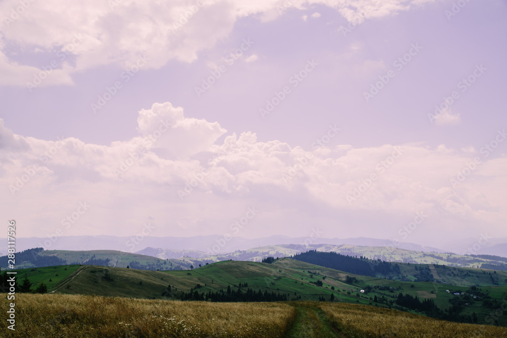 Fototapeta premium Romantik landscape in the mountain village in the Hutsul region Dovhopillya
