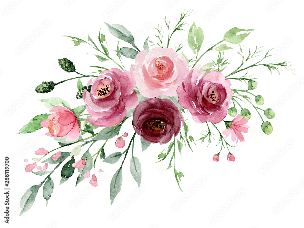 Pink flowers watercolor, floral clip art. Bouquet roses perfectly for ...
