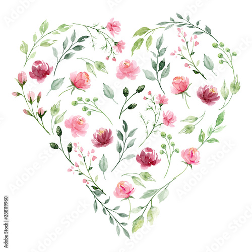 Floral heart with watercolor pink flowers, green leaves. For decoration background, invitation, greeting card, poster, stickers, icons and other. Hand painting. Isolated on white background.
