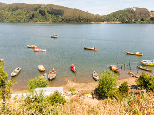 Fishing boats moored at the mouth of the Valdivia River. Valdivia  River Region  southern Chile.