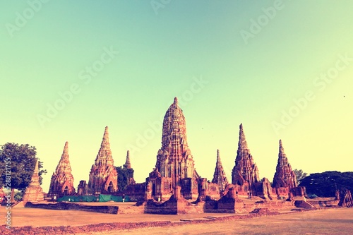 Ayutthaya sunset. Retro filtered colors tone.