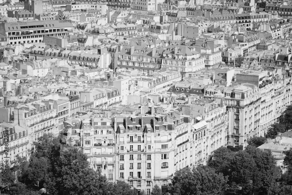 Paris city aerial view. Black and white photo.