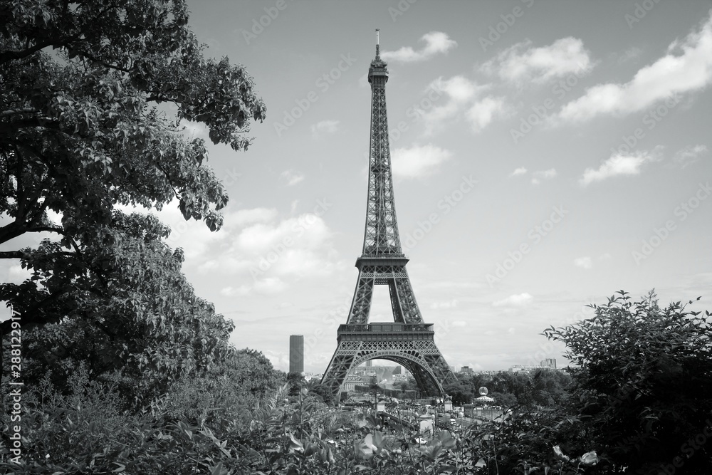 Paris Eiffel Tower. Black and white retro style.